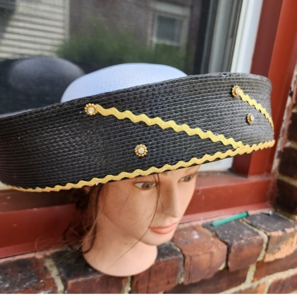 Vintage Italian Wide Brim Straw Hat Black Gold Trim Statement Sun Hat - Picture 16 of 16